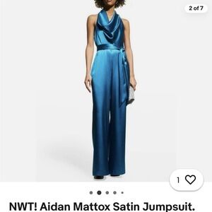Aidan Mattox Satin Halter Jumpsuit in Teal Blue